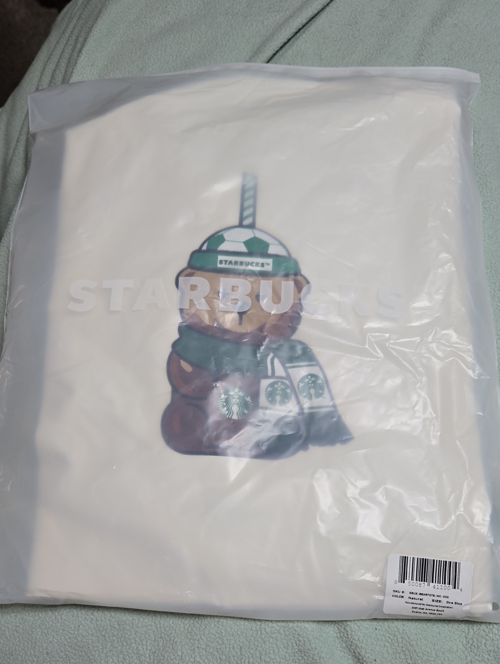 Starbucks White Soccer Bear  TOTE -NEW In Package